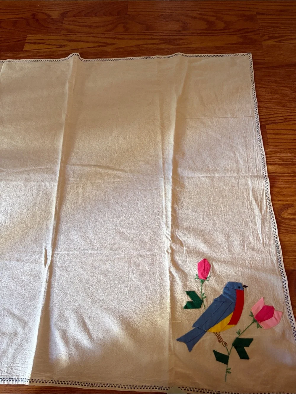 Embroidered Blue & Pink Bird Kitchen Towel